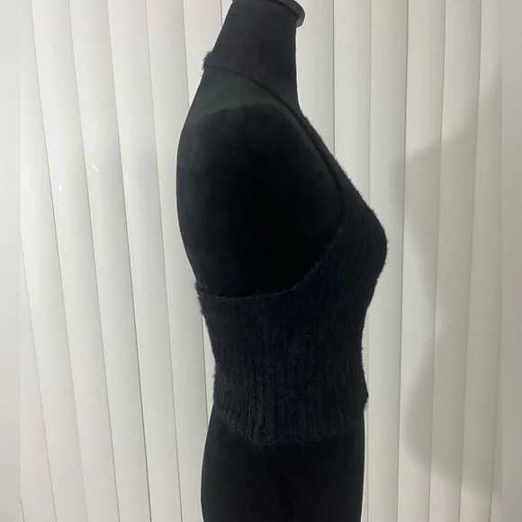 THE RAGGED PRIEST Bug Fuzzy Eyelash Ribbed Knit Halter Crop Top Zip Up Black S - Picture 8 of 12